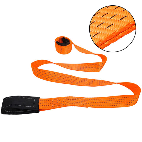 Two Pack 2 Inch By 10 Foot Heavy Duty Lifting Slings Nylon Web Slings 15,000 Lb Capacity Double Ply Winch Straps For Hoist Rigging Towing Moving Tree Saver Recovery Orange, close-up of orange nylon material and looped ends