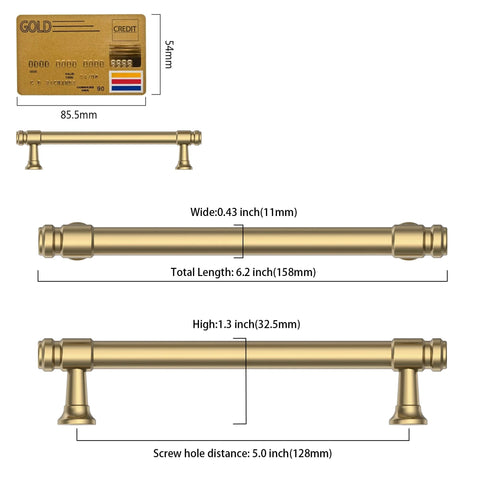 Diagram of Champagne Bronze Cabinet Pulls 10 Pack Heavy Duty Solid Kitchen Drawer Handles 128mm with measurements.