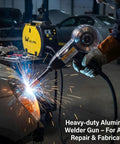 130A Aluminum Spool Gun For MIG Welding, 15 Foot Torch in use for auto repair, sparks visible, smooth feed for aluminum welds.