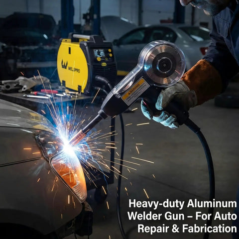 130A Aluminum Spool Gun For MIG Welding, 15 Foot Torch in use for auto repair, sparks visible, smooth feed for aluminum welds.