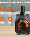 Powerful Workhorse Submersible Water Pump with Adjustable Intake, 15W Motor, black finish, shown with product specifications