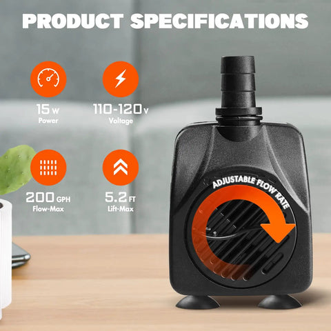 Powerful Workhorse Submersible Water Pump with Adjustable Intake, 15W Motor, black finish, shown with product specifications