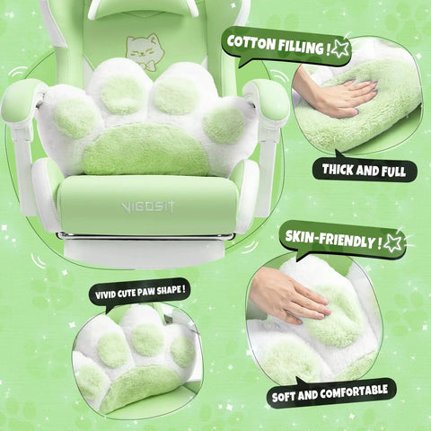 Totally Cute Cat Ears Gaming Chair With Detachable Ears, Plush Cat Paw Lumbar Pillow, ergonomic design in cozy green color