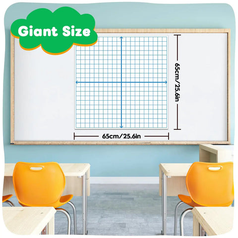 Classroom with whiteboard showing Giant Magnetic XY Coordinate Grid Paper for Whiteboards, 26 inch square dry erase chart.
