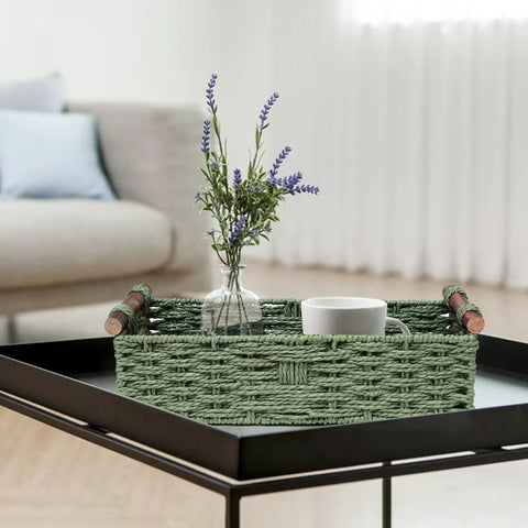Handmade Paper Rope Storage Basket With Handle Green Wicker Bin For Countertop Or Toilet Tank Top Paper Storage Space Saver
