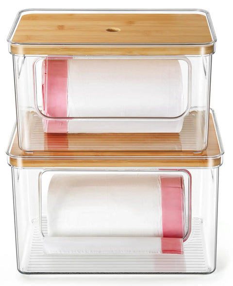 Nifty Under Sink Trash Bag Dispenser With Bamboo Lid Stackable Garbage Bag Holder And Dishwasher Pods Organizer Keeps Your Kitchen Pantry Neat And Works As A Total Game Changer For Laundry Rooms