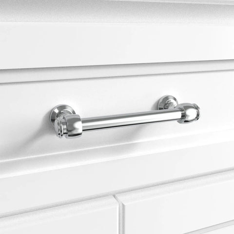 Milano Door And Drawer Pulls 4 Inch Center To Center Polished Chrome on white cabinet for modern kitchen upgrade