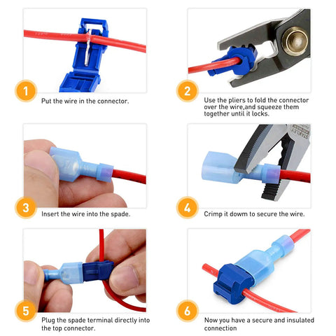 Step-by-step guide using 100 Piece Quick Splice Solderless Wire Connectors T Tap Kit, Insulated Terminal Assortment for 22 to 10 AWG.