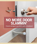 15 Pack Spring Door Stoppers For Bottom Of Door Heavy Duty Satin Nickel Finish Protect Walls From Dings Child And Pet Friendly Inside Doors With Rubber Bumper Tip And Easy Grip Design, shown stopping door from hitting wall.