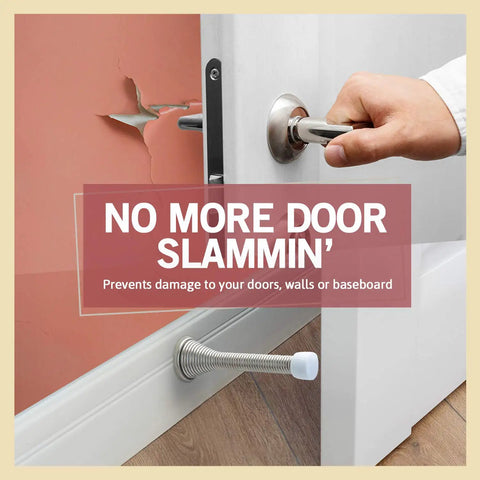 15 Pack Spring Door Stoppers For Bottom Of Door Heavy Duty Satin Nickel Finish Protect Walls From Dings Child And Pet Friendly Inside Doors With Rubber Bumper Tip And Easy Grip Design, shown stopping door from hitting wall.