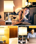 All In One Bedside Lamp With 4 USB Ports And AC Outlets, Alarm Clock Base, in bedroom and living room settings