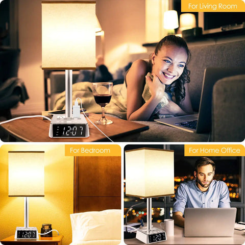 All In One Bedside Lamp With 4 USB Ports And AC Outlets, Alarm Clock Base, in bedroom and living room settings