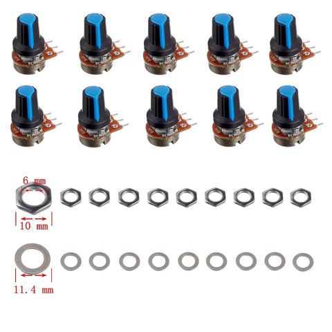 10K Ohm Knurled Shaft Rotary Potentiometer Kit For DIY Electronics 10 Pieces With 3 Terminals Linear Taper Carbon Film Variable Resistors And Blue Knobs Perfect For Precise Volume Tone Control In Custom Wiring Projects