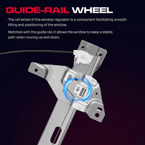 Close-up of guide-rail wheel on Rear Driver Side Power Window Regulator With Motor Two Pins Fits 2006 2013 Chevy Impala And 2014 2016 Chevrolet Impala Limited Sedan Direct Fit Easy Install Replacement For Cracked Or Nonworking Window Regulator.
