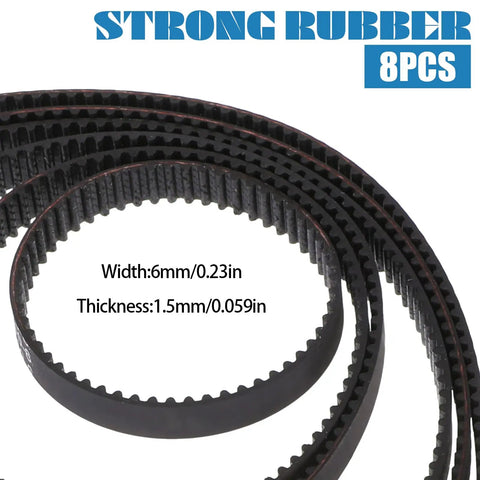 Eight Piece Timing Belt Set For 3D Printers Open Synchronous Belts 6mm Wide, close-up of belts showing width and thickness
