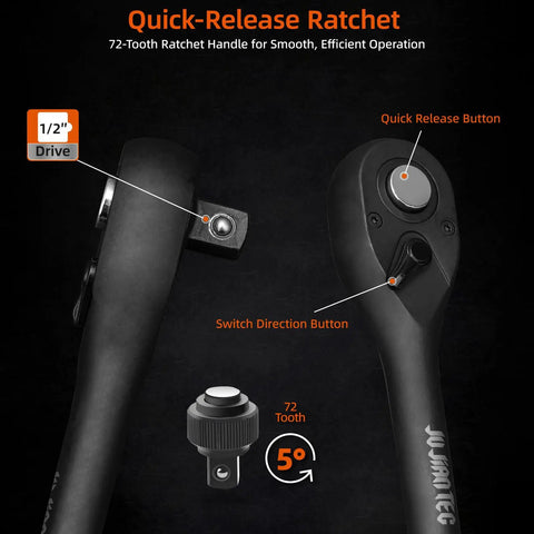 Heavy Duty One Half Inch Drive Impact Socket Set With Adapters And Ratchet Handle, close-up of ratchet with quick release