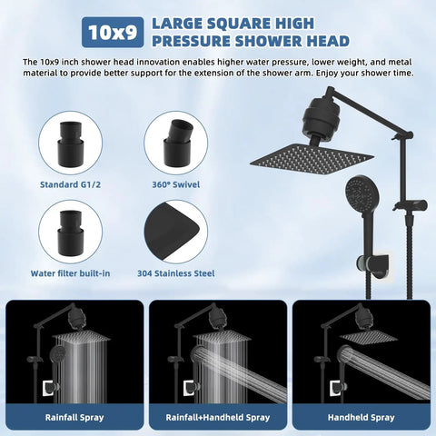 10 Inch Rainfall Filtered Shower Head With Handheld, High Pressure Matte Black Shower System, installation diagram