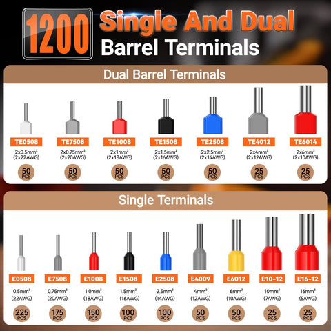 Image of 1200 single and dual barrel terminals with various AWG sizes for Ferrule Crimping Tool Kit Upgrade Double And Single Ferrules Connectors