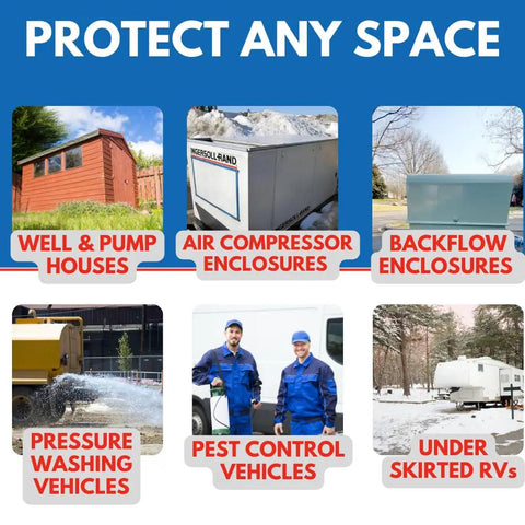 Image showing various applications for the 1000W Industrial Enclosure Heater With Dang Solid Forced Air Heating for protection.