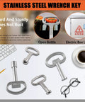 Stainless steel wrench keys from 13 Piece All-In-One Heavy-Duty Utility Kit With 4 Way Spanner, Square Keys, Water Tap And Faucet Keys For Radiators, Gas And Electric Meter Boxes Durable Brass Construction displayed with office items.