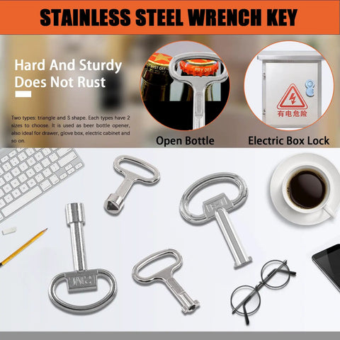 Stainless steel wrench keys from 13 Piece All-In-One Heavy-Duty Utility Kit With 4 Way Spanner, Square Keys, Water Tap And Faucet Keys For Radiators, Gas And Electric Meter Boxes Durable Brass Construction displayed with office items.