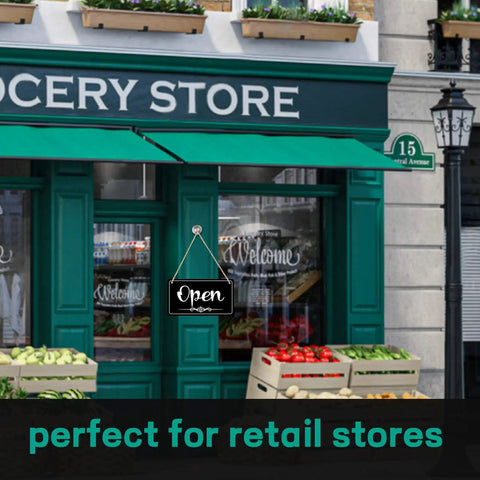 Double Sided Open Sign With Rope For Biz Hours Open Closed Sign 11 By 6.1 Inch Easy Flip Display in storefront setting