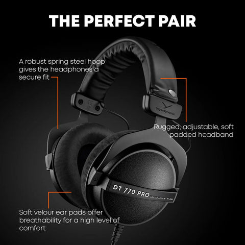DT 770 PRO 80 Ohm Closed Back Over Ear Studio Headphones With 3M Straight Cable And Limited Edition Black Velour Ear Pads, side view