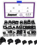 Heavy Duty Black Zinc Plated Carbon Steel Cage Nuts 48 Pc Assortment in storage box, showing M4 to M12 sizes for server racks.