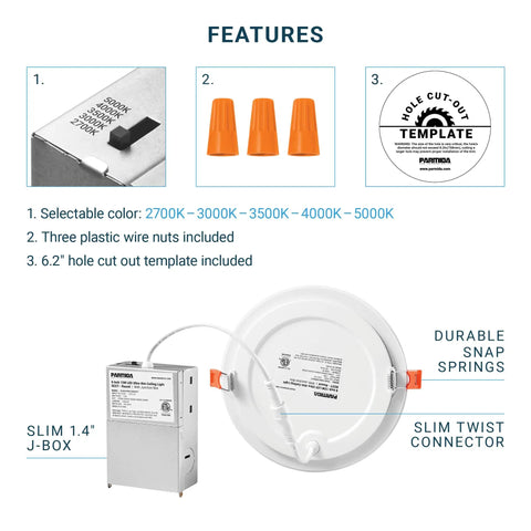 6 Inch Dimmable LED Recessed Ceiling Light With Junction Box Ultra Thin Canless Wafer Slim Panel Downlight 5 Color Temperature Selectable 2700K 3000K 3500K 4000K 5000K 12W IC Rated ETL Easy Install For New Construction