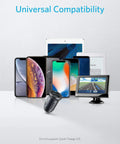 Ultra Compact Aluminum Alloy Dual USB Car Charger with blue LED next to iPhone and iPad, highlighting universal compatibility.