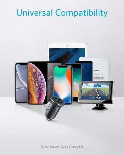 Ultra Compact Aluminum Alloy Dual USB Car Charger with blue LED next to iPhone and iPad, highlighting universal compatibility.