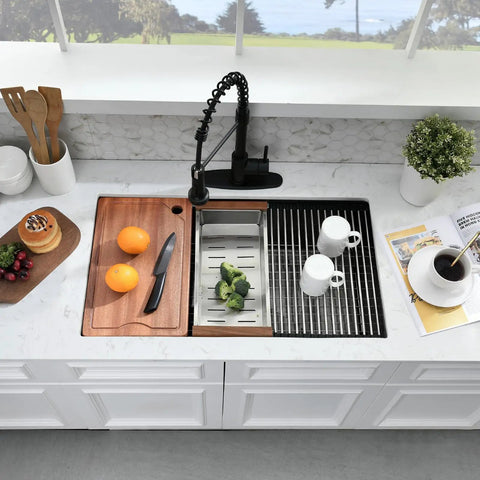 Undermount Bar Sink 15x19 In 16 Gauge Stainless Steel, Single Bowl For RV And Outdoor Kitchens, accessories shown above.