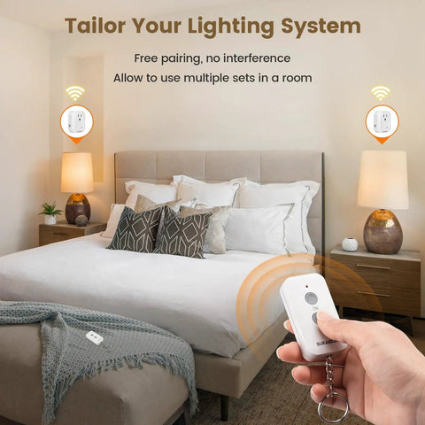 Person using Wireless Light Switch Remote Kit For Lamps And Fans No Wiring Needed, 100 Ft RF Range in a bedroom setting.