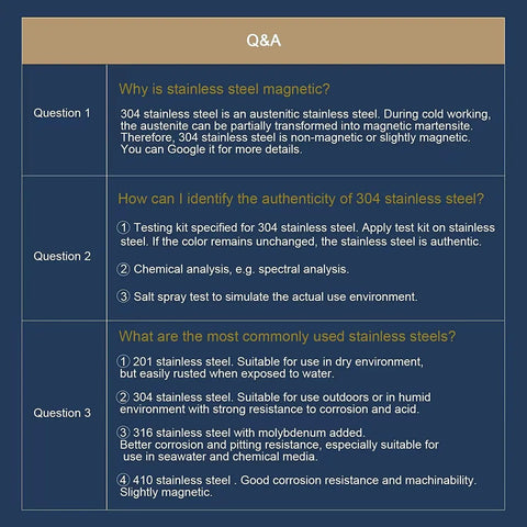 Q&A discussion about stainless steel magnetism, authenticity, and common types including 304 and 410 stainless.