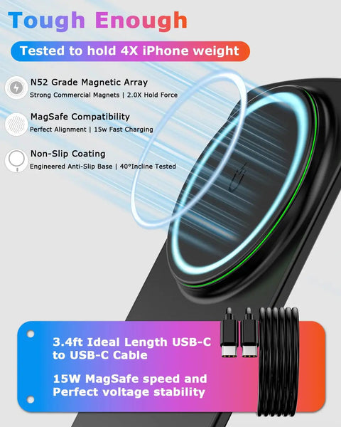 Magnetic Wireless Charging Stand For iPhone 12 Through 17 Series Onyx Black With Ultra Strong N52 Magnets, USB-C Cable