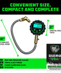 Front view: Rhino USA digital tire pressure gauge with 14-inch stainless steel braided hose and 2-inch digital face.