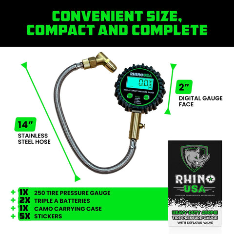 Front view: Rhino USA digital tire pressure gauge with 14-inch stainless steel braided hose and 2-inch digital face.