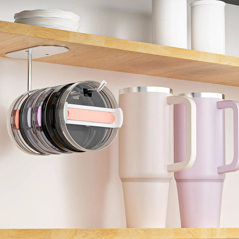 Durable Tumbler Lid Organizer Two Pack Featuring Space Saving Under Cabinet Hangers For All Cups keeps lids organized and tidy.