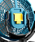 Close-up of Cordless 18V LXT Fan With Three Speed Settings and 45 Degree Oscillation for Quiet Airflow, fan blades and mount.