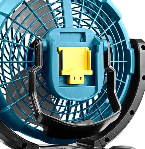 Close-up of Cordless 18V LXT Fan With Three Speed Settings and 45 Degree Oscillation for Quiet Airflow, fan blades and mount.