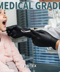 Top Shelf Black Nitrile Disposable Gloves 5 Mil Heavy Duty Textured Grip Powder Free Latex Free For Grunt Work Medical Care Kitchen Cleanup 100 Count X Large used during a medical check-up on a child.