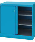 Heavy Duty Steel Storage Cabinet With Slick Sliding Doors And Three Rock Solid Shelves For Shop Or Office Classic Blue Powder Coated Finish 440 Lb Capacity Measures 40 1/4 X 22 1/2 X 41 3/4, featuring open shelves.