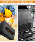 Neoteck dial indicator with magnetic base in gray storage case; shown beside drill press with tool kit