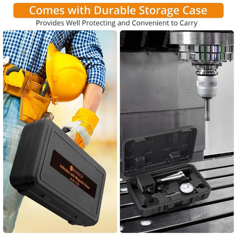 Neoteck dial indicator with magnetic base in gray storage case; shown beside drill press with tool kit