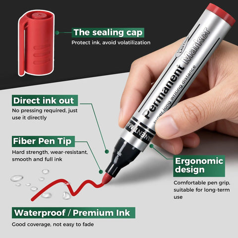 Heavy Duty Permanent Markers With Smooth Fine Tips In Bold Black Red Blue And Green Feature A Wide Comfort Grip And Fast Drying Waterproof Ink That Stays Put Through Thick And Thin Solid Everyday Choice For Work Or School, detailed with fiber tip and ergonomic design.