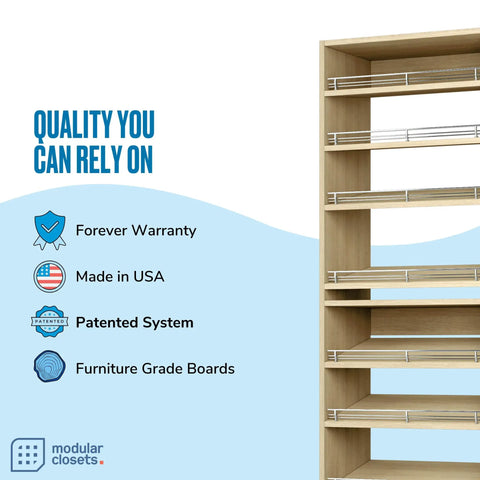 Slanted Shoe Shelf Tower And Modular Closet Organizer Unit With Premium Oak Finish Spanning 31 Point 5 Inches Wide showcasing quality features and warranty details.