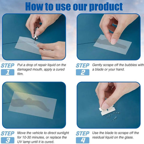 Instructions showing how to use Two Bottle Nano Glass Crack Repair Kit With Quick Repair Liquid For Chips And Cracks, Deep Dark Finish.