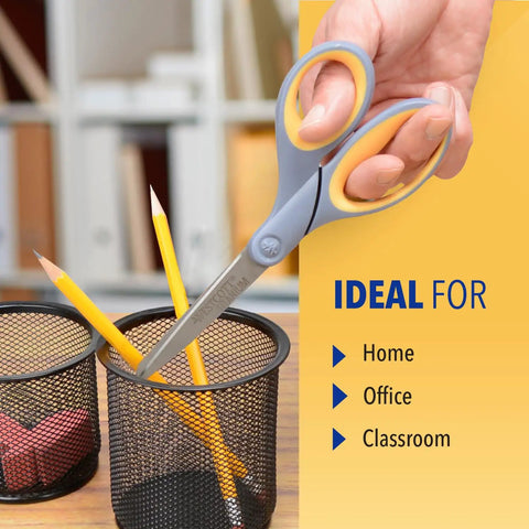Hand holding 8 Inch Titanium Bonded Scissors For Home Office And Classroom, cutting pencil, ergonomic soft grip, gray and yellow handle.