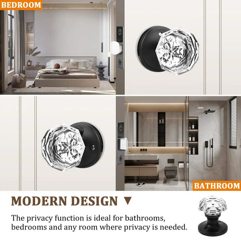 Five Pack Glass Door Knobs With Flat Black Rosettes For Privacy, Interior Door Hardware For Bath And Bedroom, showcasing modern design