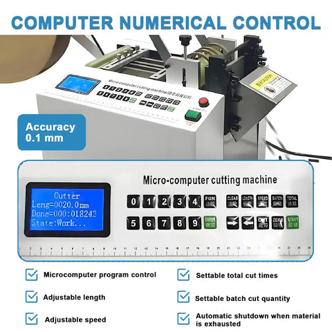 High Speed Automatic Electric Tube Cutter Cuts 3 Hoses Simultaneously Cold Cut Machine For Rubber And Plastic Pipes With LCD Display showing micro-computer controls and settings.